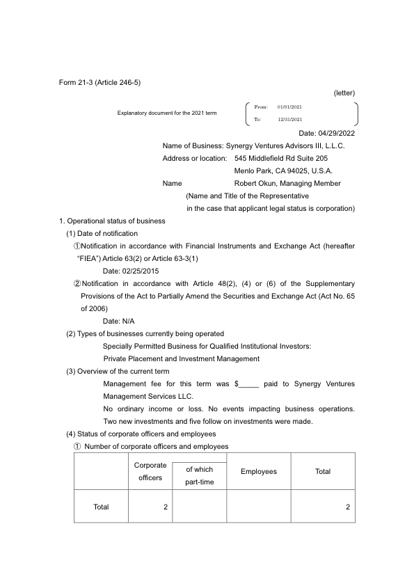 Synergy Ventures Form 21-3 2021